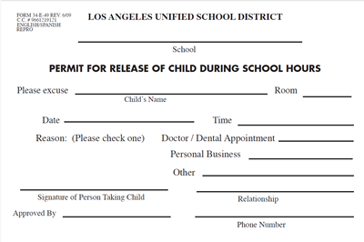 FORM 34-E-49 RELEASE CHILD DURING SCHL