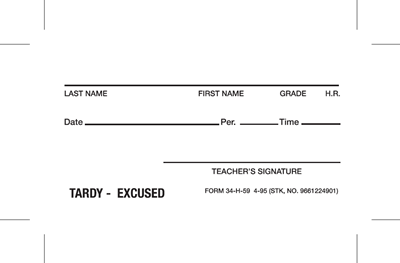 FORM 34-H-59 TARDY-EXCUSED