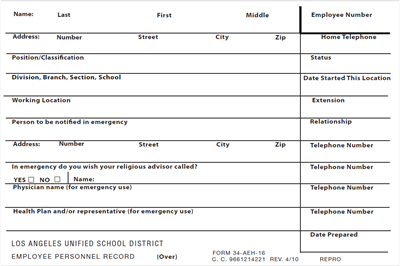 FORM 34-AEH-16 EMPLOYEE PERSONNEL RCRD